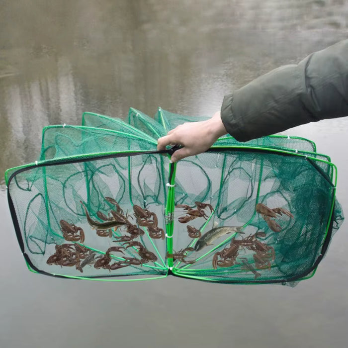 Red de pesca plegable y duradera de 8 agujeros verde de nailon de 40cm de diametro