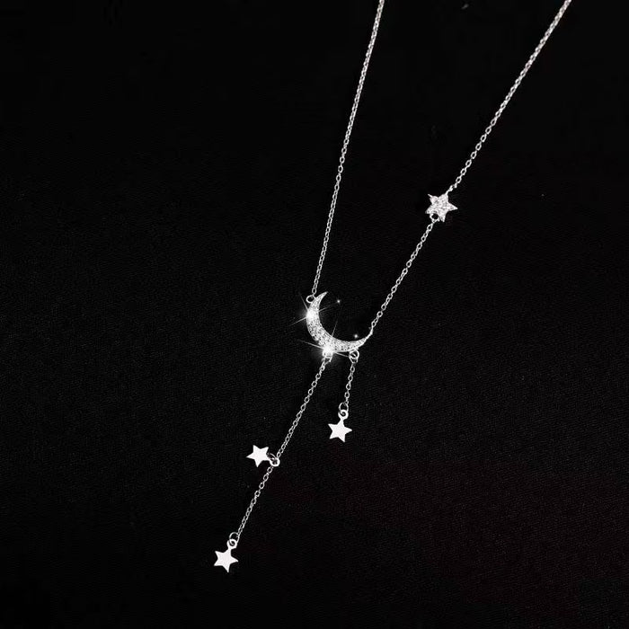 Shein Collar con borlas de Luna y estrella de Color plateado para mujer, cadena de clavícula de cristal exquisita