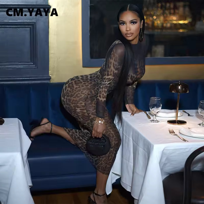 Vestido largo de manga larga para mujer, de malla transparente