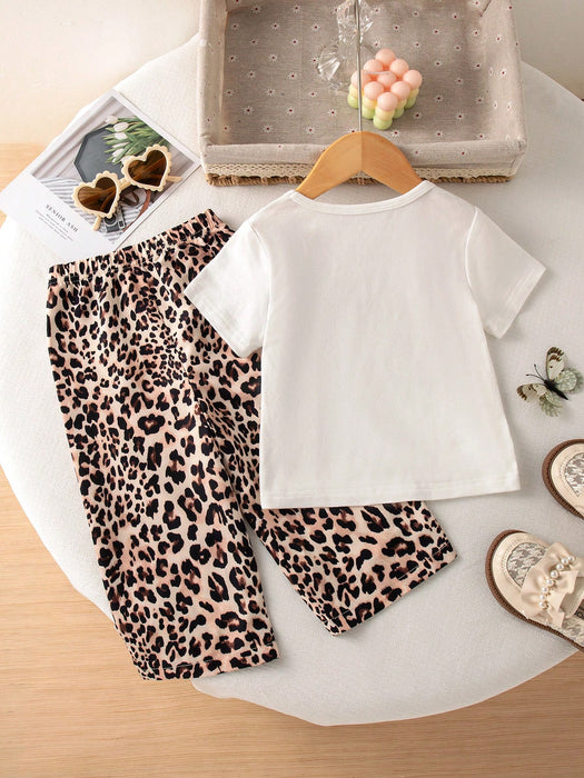 SHEIN Conjunto de camiseta y pantalón ancho con estampado de leopardo para niñas