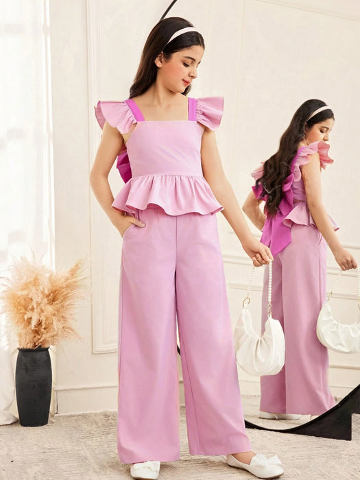 SHEIN Conjunto de 2 piezas para niñas preadolescentes: camisa y pantalón con volantes