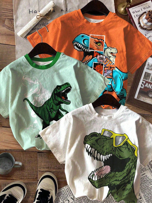 SHEIN 3 Camisetas de punto de manga corta con estampado de dinosaurio, para niños