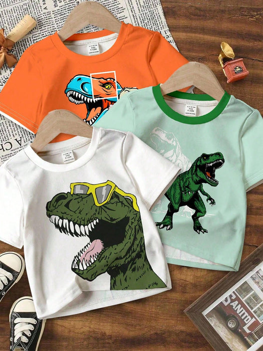 SHEIN 3 Camisetas de punto de manga corta con estampado de dinosaurio, para niños