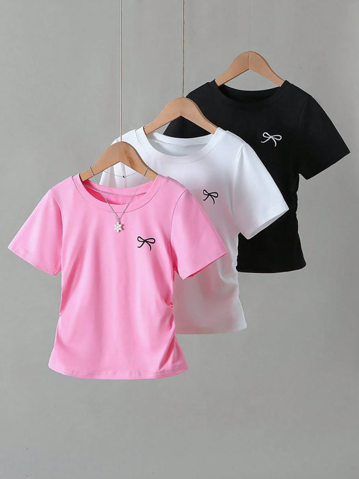 SHEIN Conjunto de 3 piezas de camisetas de manga corta fruncidas con estampado de lazo