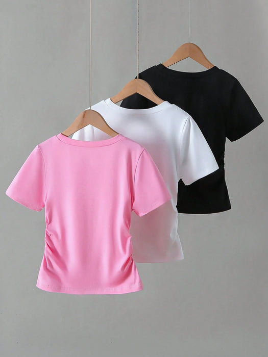 SHEIN Conjunto de 3 piezas de camisetas de manga corta fruncidas con estampado de lazo