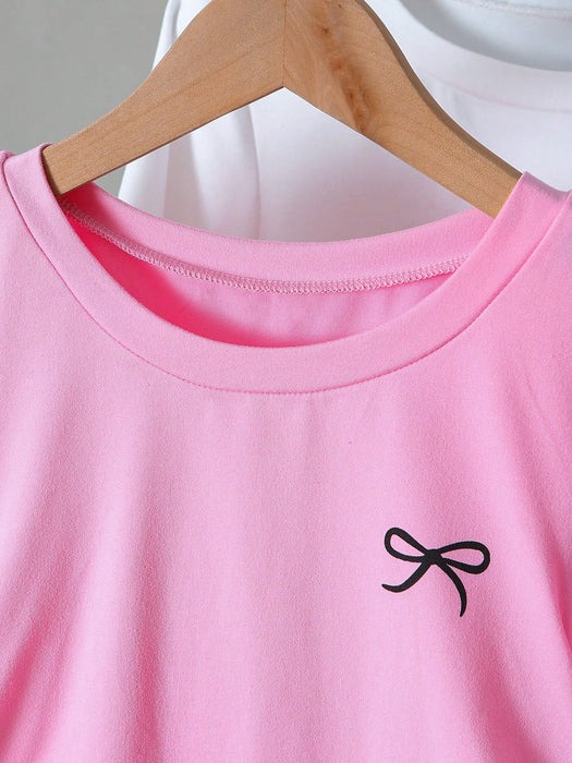 SHEIN Conjunto de 3 piezas de camisetas de manga corta fruncidas con estampado de lazo