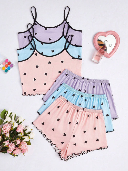 SHEIN Conjunto de pijama de 3 piezas para mujer: camisola y shorts con estampado de corazones.