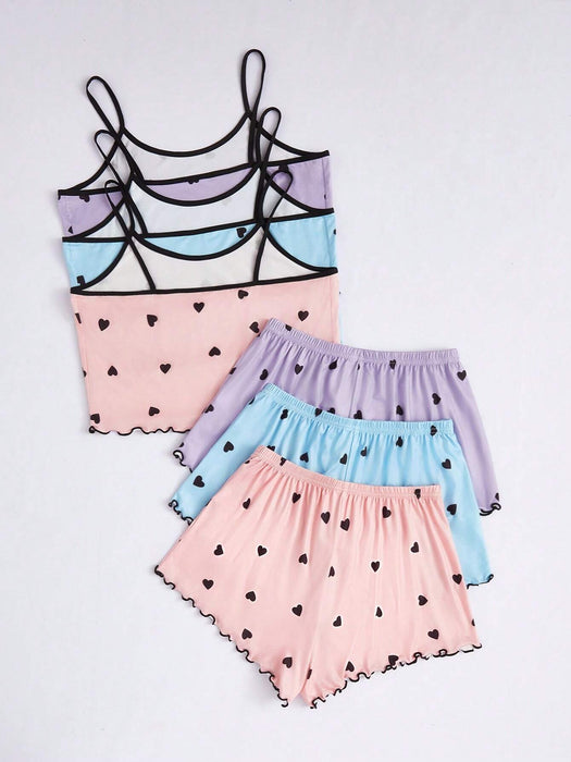 SHEIN Conjunto de pijama de 3 piezas para mujer: camisola y shorts con estampado de corazones.