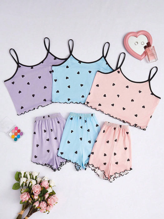 SHEIN Conjunto de pijama de 3 piezas para mujer: camisola y shorts con estampado de corazones.