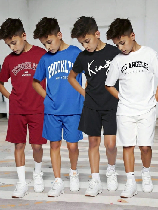 SHEIN Conjunto de 8 piezas para preadolescentes: camiseta de cuello redondo y pantalones cortos