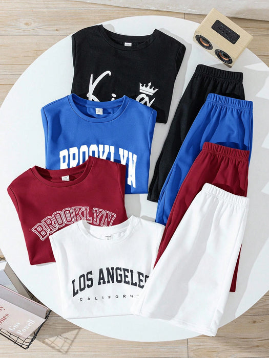 SHEIN Conjunto de 8 piezas para preadolescentes: camiseta de cuello redondo y pantalones cortos