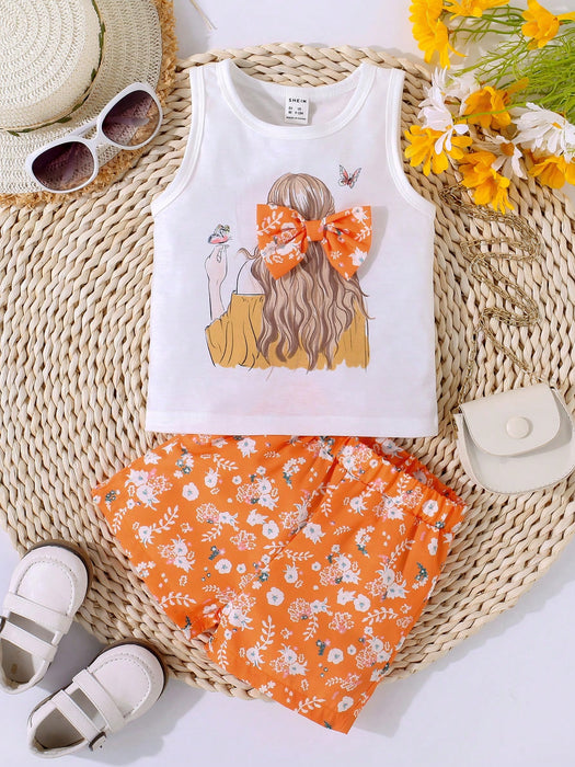 SHEIN Baby Girl Figura Camiseta sin mangas con lazo frontal y pantalones