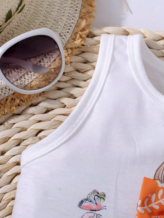 SHEIN Baby Girl Figura Camiseta sin mangas con lazo frontal y pantalones