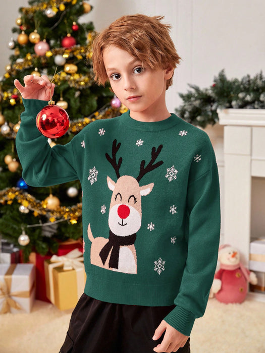SHEIN Suéter de hombros caídos con estampado de alce navideño para niño