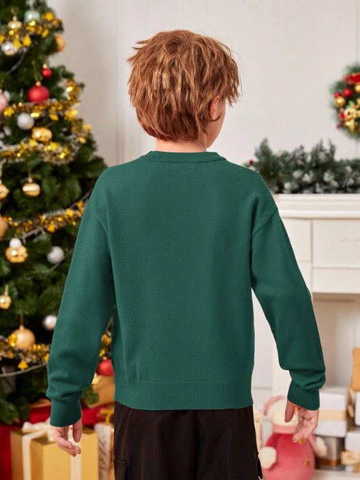 SHEIN Suéter de hombros caídos con estampado de alce navideño para niño