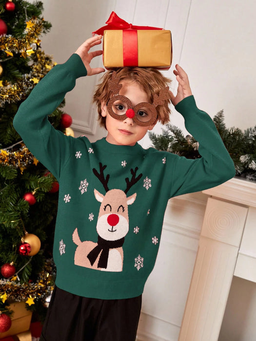 SHEIN Suéter de hombros caídos con estampado de alce navideño para niño