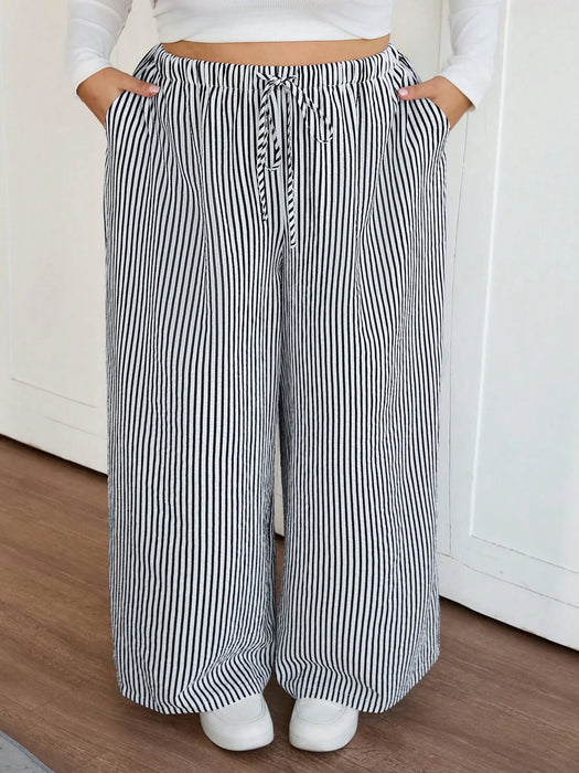 SHEIN Pantalón ancho, a rayas de estilo casual de mujer, con cintura elástica