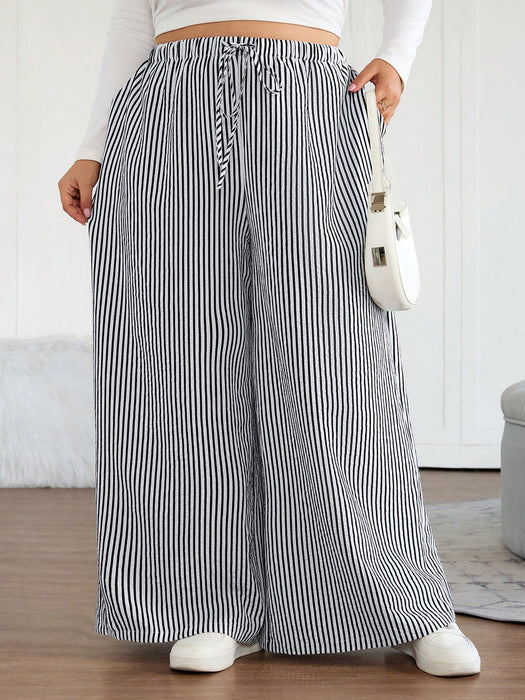 SHEIN Pantalón ancho, a rayas de estilo casual de mujer, con cintura elástica
