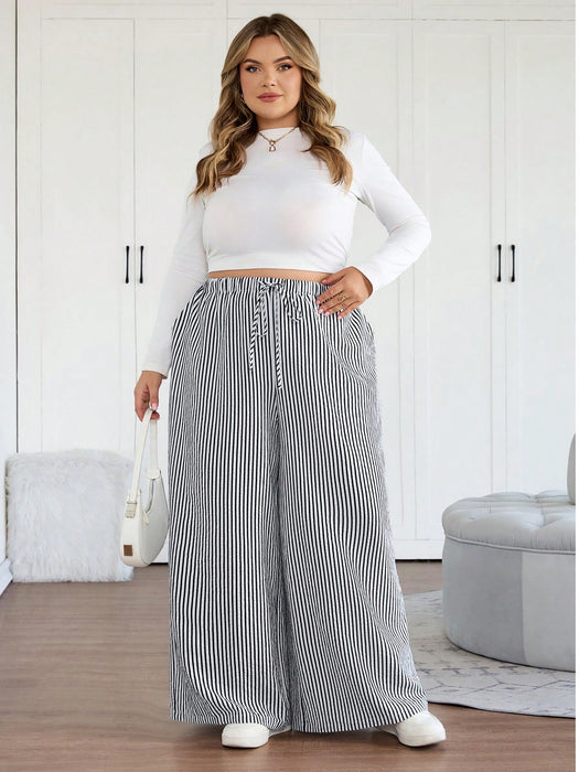 SHEIN Pantalón ancho, a rayas de estilo casual de mujer, con cintura elástica
