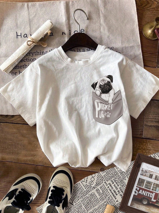 SHEIN Camiseta casual con estampado de perro lindo para niños, con bolsillo falso
