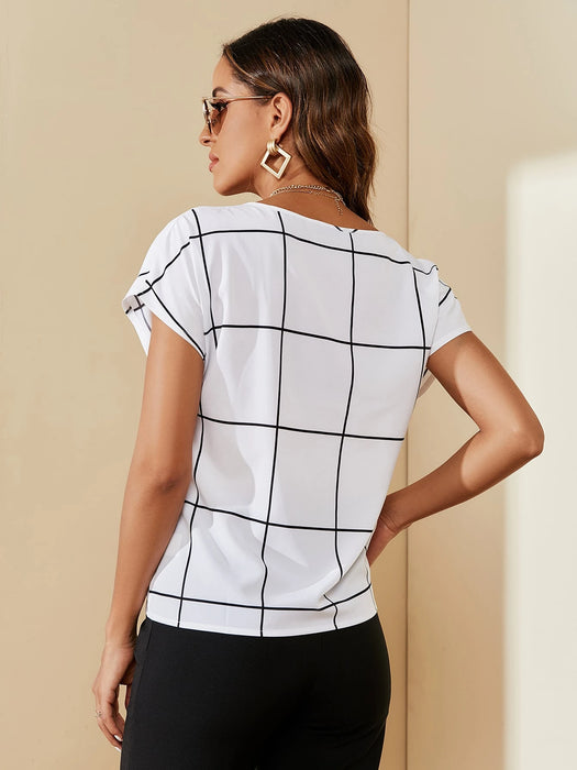 SHEIN Clasi Blusa con cuello pronunciado con estampado de cuadrícula,