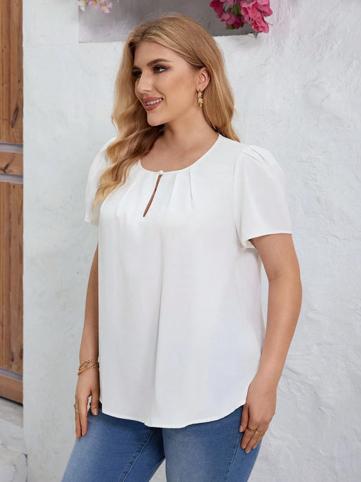 SHEIN Clasi Camisa de manga corta plisada, sencilla y versátil  unicolor para mujer