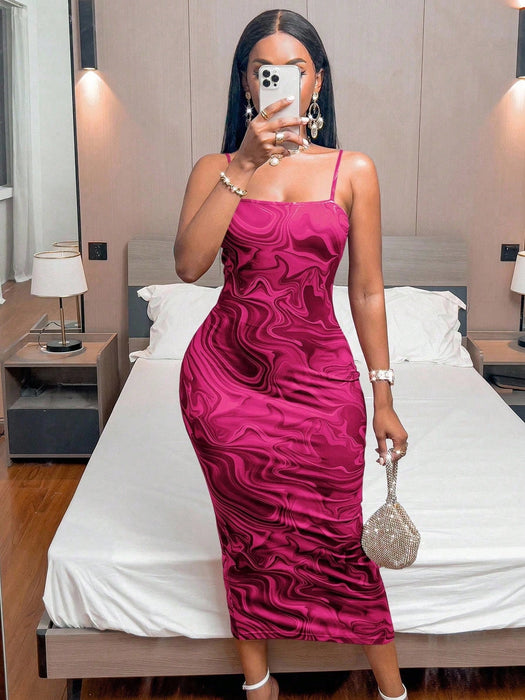 SHEIN Vestido largo sin mangas rosa con tirantes finos para mujer (estampado aleatorio)