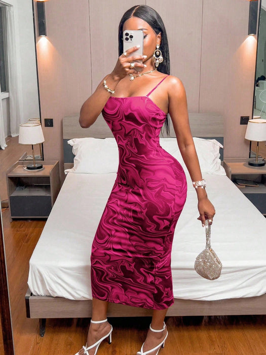 SHEIN Vestido largo sin mangas rosa con tirantes finos para mujer (estampado aleatorio)