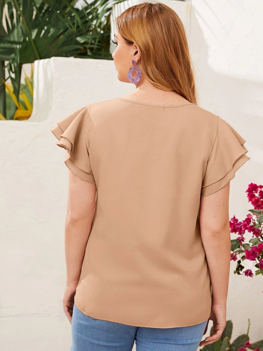 SHEIN Clasi Top Plus De Manga Corta Con Volantes Y Cuello Llave