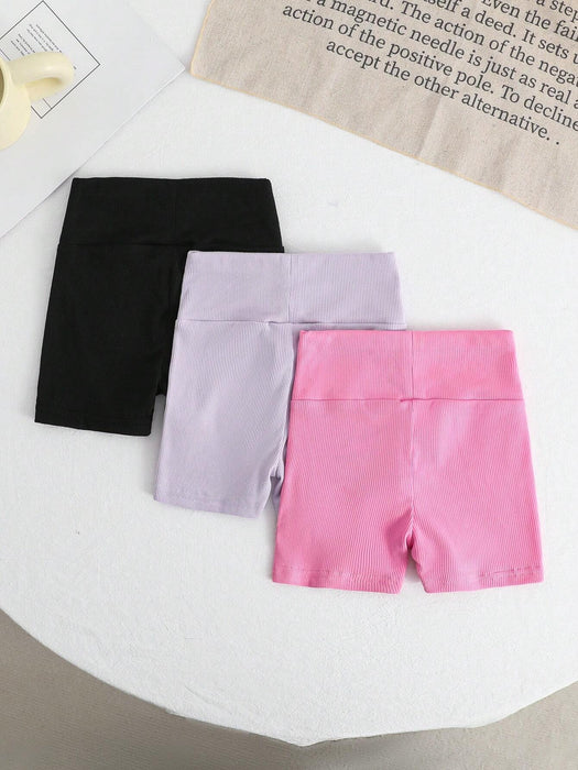 SHEIN Conjunto de shorts de punto de unicolor de cintura alta fresco y deportivo para niña