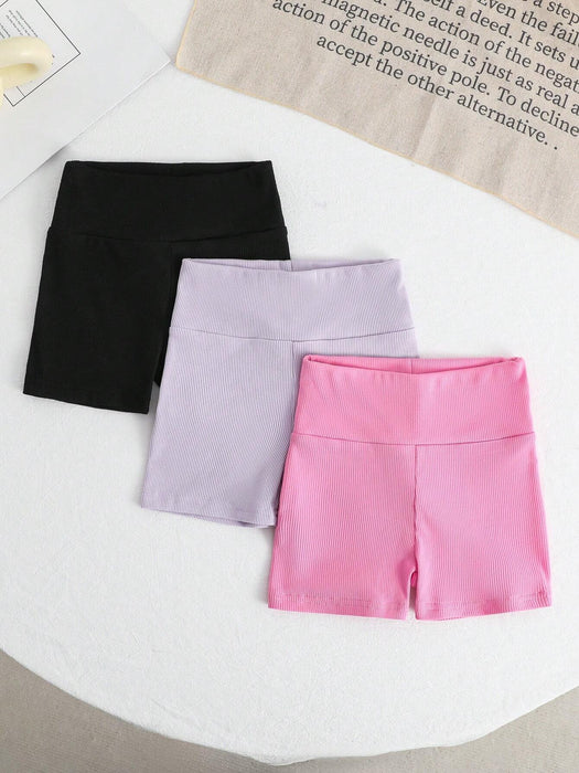 SHEIN Conjunto de shorts de punto de unicolor de cintura alta fresco y deportivo para niña