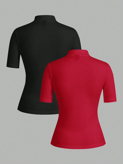 SHEIN EZwear Conjunto de 2 piezas para mujer, camiseta de manga larga ajustada