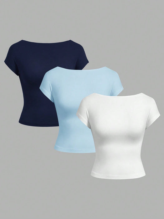 SHEIN EZwear Conjunto de 3 Camisetas casuales minimalistas sin espalda, para mujeres