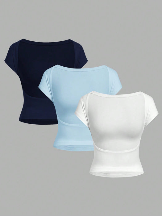 SHEIN EZwear Conjunto de 3 Camisetas casuales minimalistas sin espalda, para mujeres