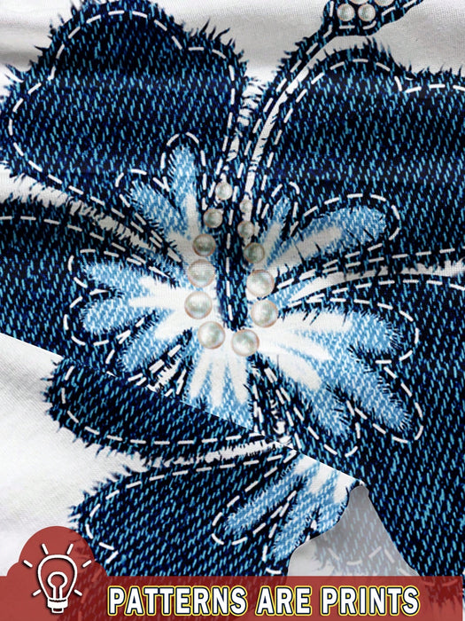 SHEIN EZwear Camiseta de ajuste holgado, estampado floral azul y estilo minimalista