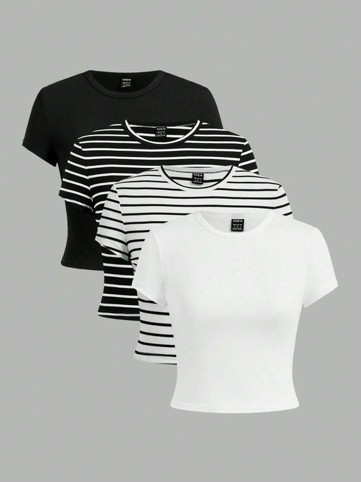 SHEIN EZwear Conjunto de 4 piezas de camiseta corta para mujer con patrón simple