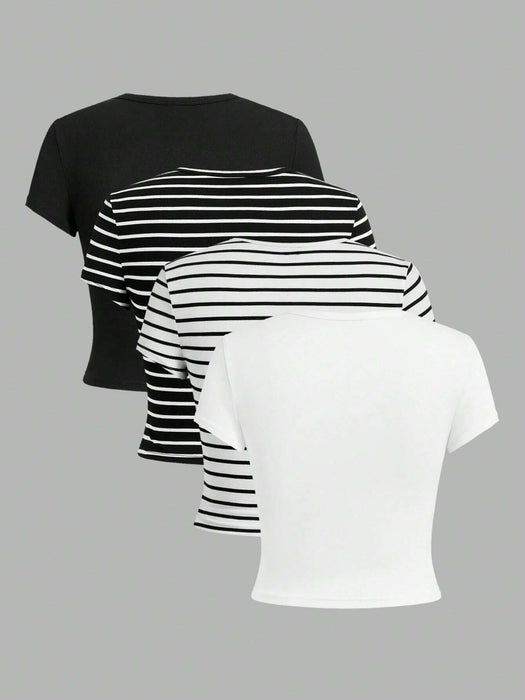 SHEIN EZwear Conjunto de 4 piezas de camiseta corta para mujer con patrón simple
