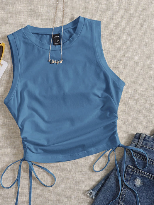 SHEIN EZwear Camiseta corta sin mangas con cordón y fruncido lateral