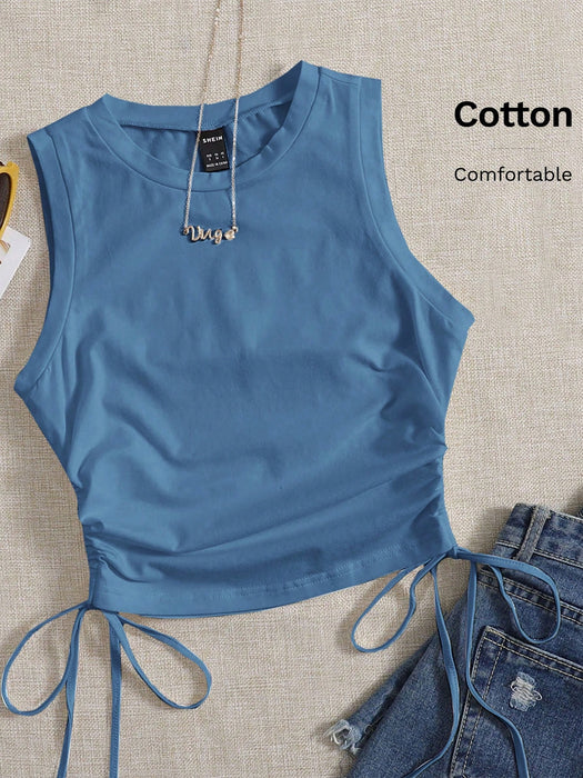 SHEIN EZwear Camiseta corta sin mangas con cordón y fruncido lateral