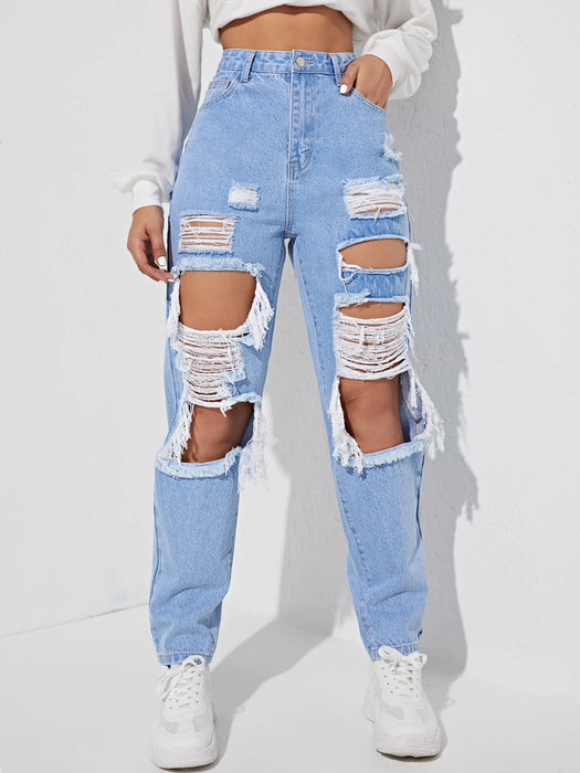 SHEIN EZwear Jeans de pierna recta con abertura desgarro crudo