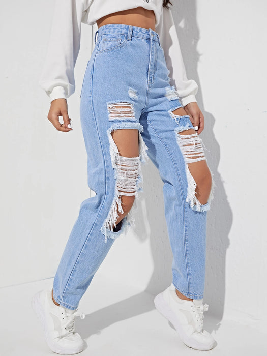 SHEIN EZwear Jeans de pierna recta con abertura desgarro crudo