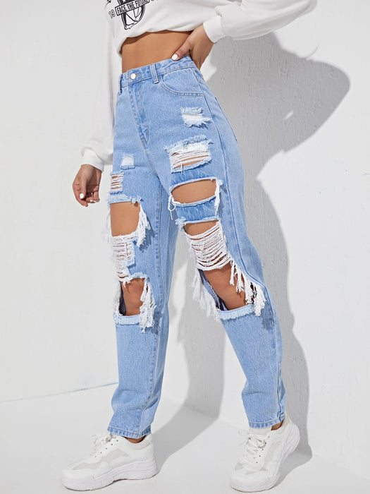 SHEIN EZwear Jeans de pierna recta con abertura desgarro crudo