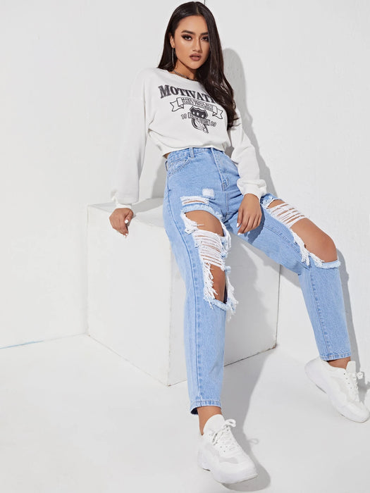 SHEIN EZwear Jeans de pierna recta con abertura desgarro crudo