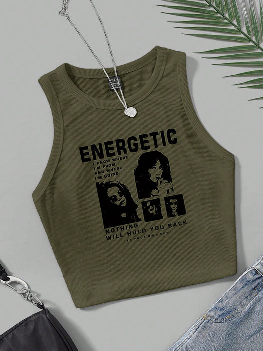SHEIN EZwear Top de punto ajustada sin mangas con estampado