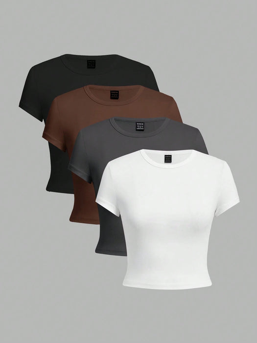SHEIN EZwear Set de 4 camisetas de mujer de manga corta, ajustadas y cortas