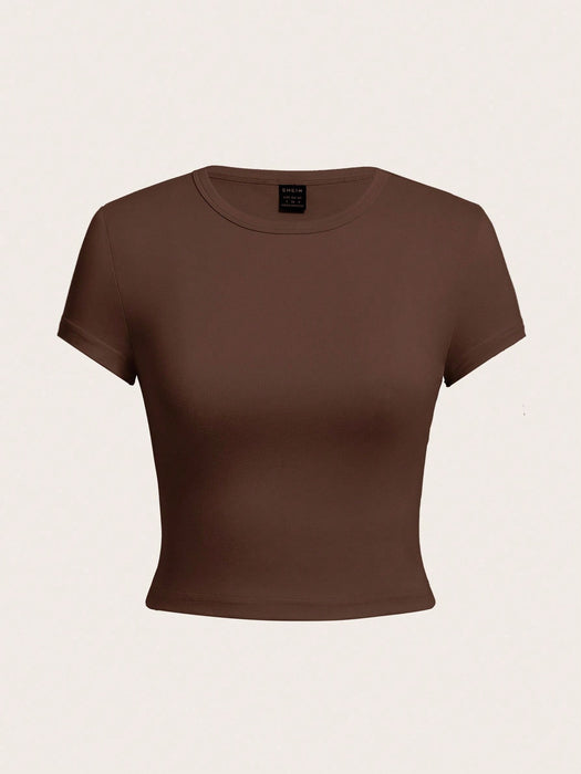 SHEIN EZwear Set de 4 camisetas de mujer de manga corta, ajustadas y cortas