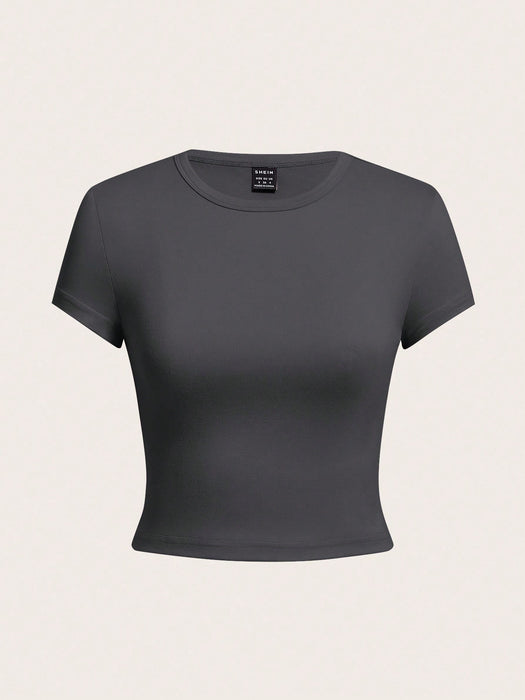 SHEIN EZwear Set de 4 camisetas de mujer de manga corta, ajustadas y cortas