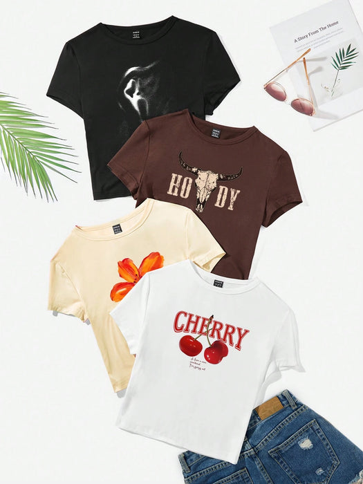 SHEIN EZwear Set de 4 blusas cortas con gráficos para mujeres