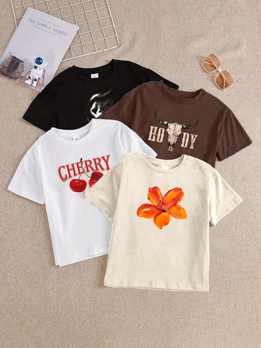 SHEIN EZwear Set de 4 blusas cortas con gráficos para mujeres