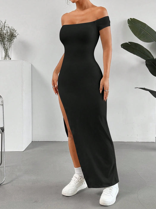 SHEIN EZwear  Vestido de verano para mujer de color liso con hombros descubiertos y abertura